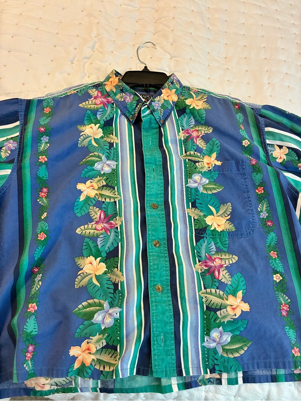Chaps Blue Tropical Floral Stripe Hawaiian Men’s Button-Up Shirt